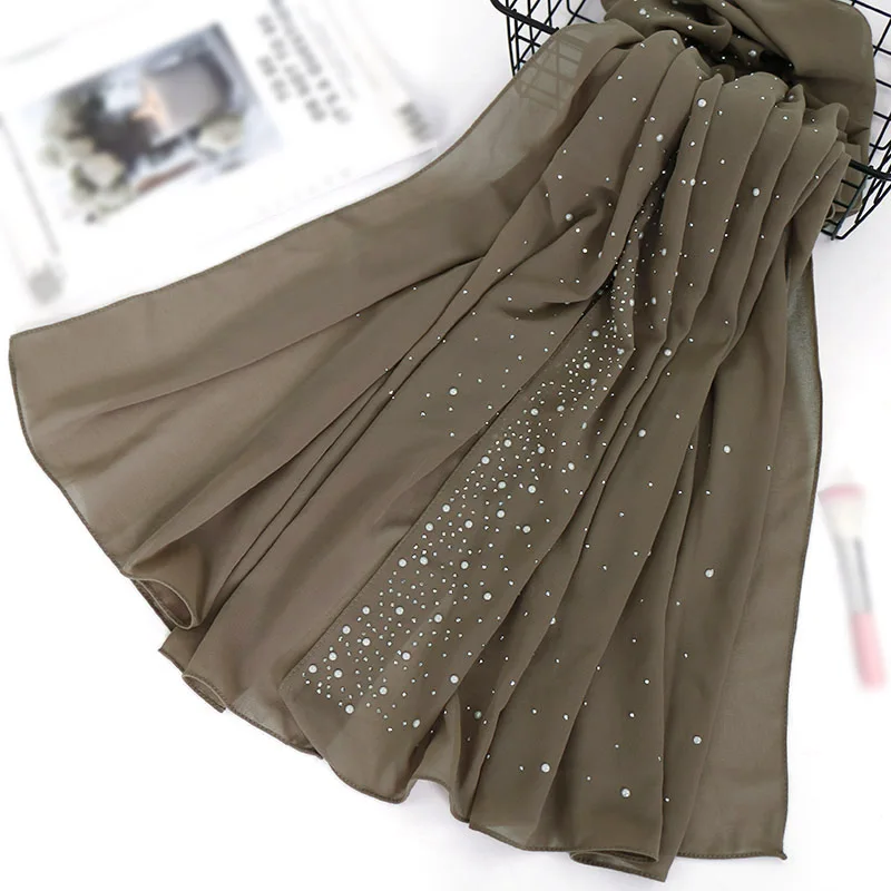 Women Bubble Chiffon Hijabs Scarf With Diamonds Studs Pearls Scarves Plain Shawls Headscarf Wraps Solid Color Mullfers Turbans