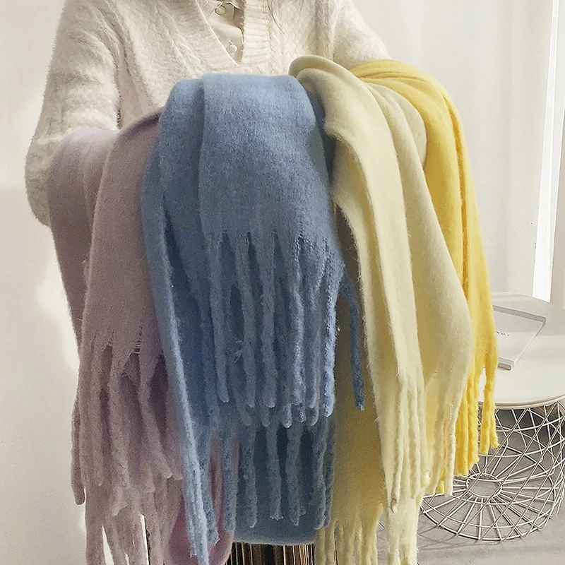 Luxury Cashmere Bright Solid Colors Women Scarf Winter Shawl and Wrap Bandana Pashmina Tassel Female Foulard Thick Blanket