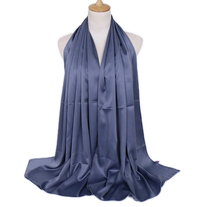 Women Plain Silk Satin Hijab Scarf Navy Muslim woman veil Solid Color Long Shawls Women Dress Hijab Pashmina Satin Scarf Bandana