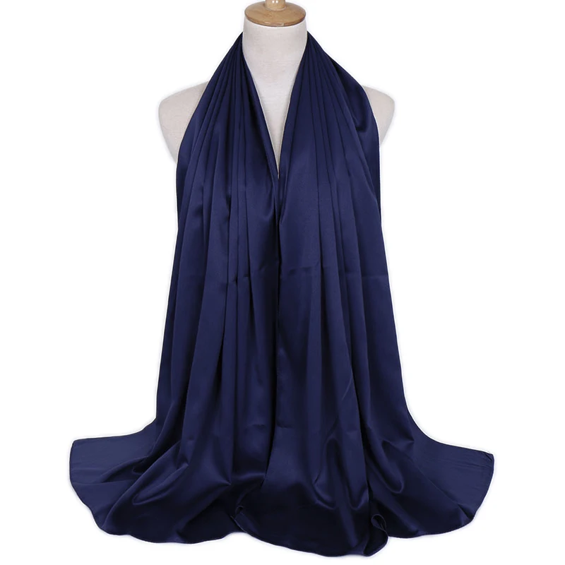 Women Plain Silk Satin Hijab Scarf Navy Muslim woman veil Solid Color Long Shawls Women Dress Hijab Pashmina Satin Scarf Bandana