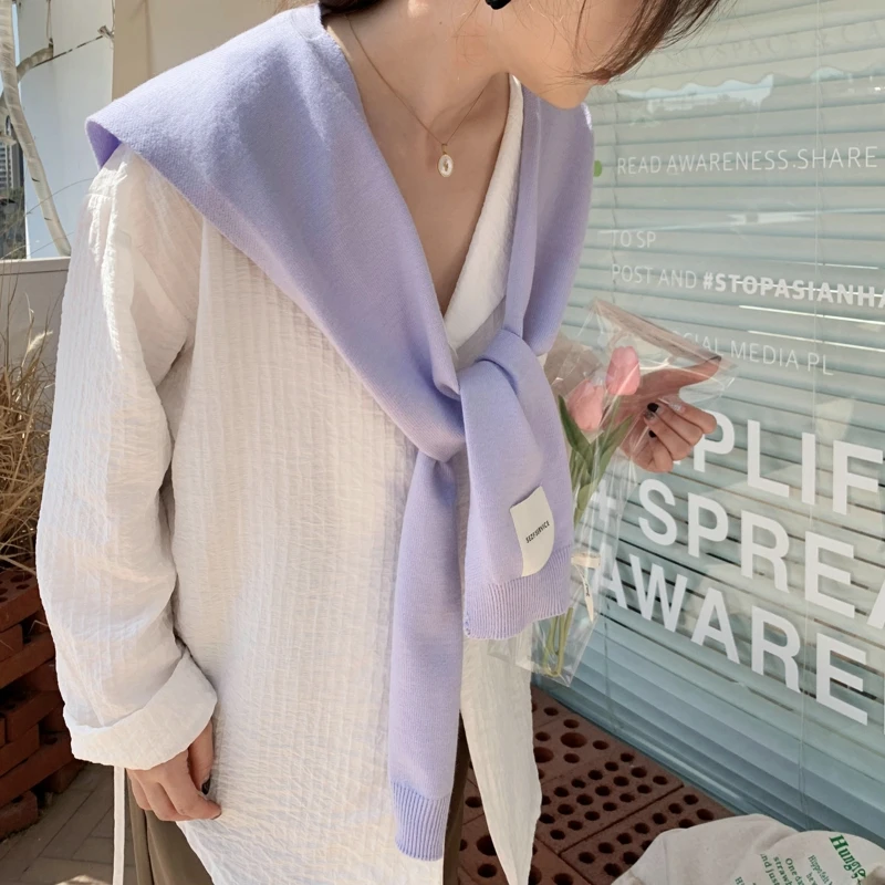 Korean Knit Shawl Autumn Winter Female Blouse Shoulders Fake Collar Cape Knotted Scarf Solid Color Neck Guard Scarve For Women