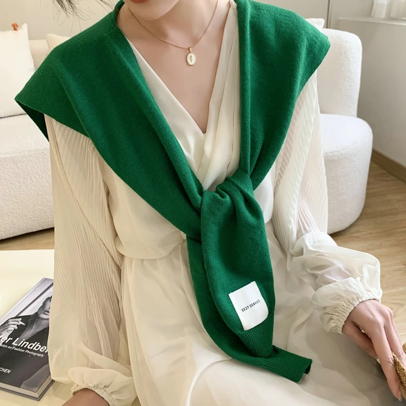 Korean Knit Shawl Autumn Winter Female Blouse Shoulders Fake Collar Cape Knotted Scarf Solid Color Neck Guard Scarve For Women