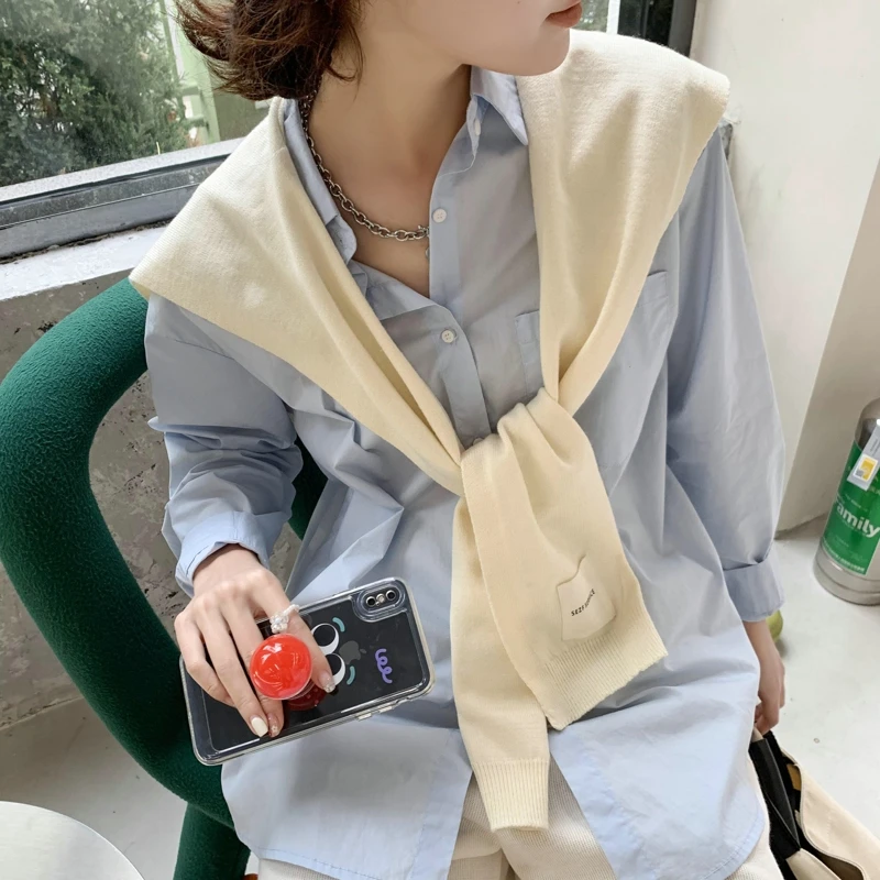 Korean Knit Shawl Autumn Winter Female Blouse Shoulders Fake Collar Cape Knotted Scarf Solid Color Neck Guard Scarve For Women