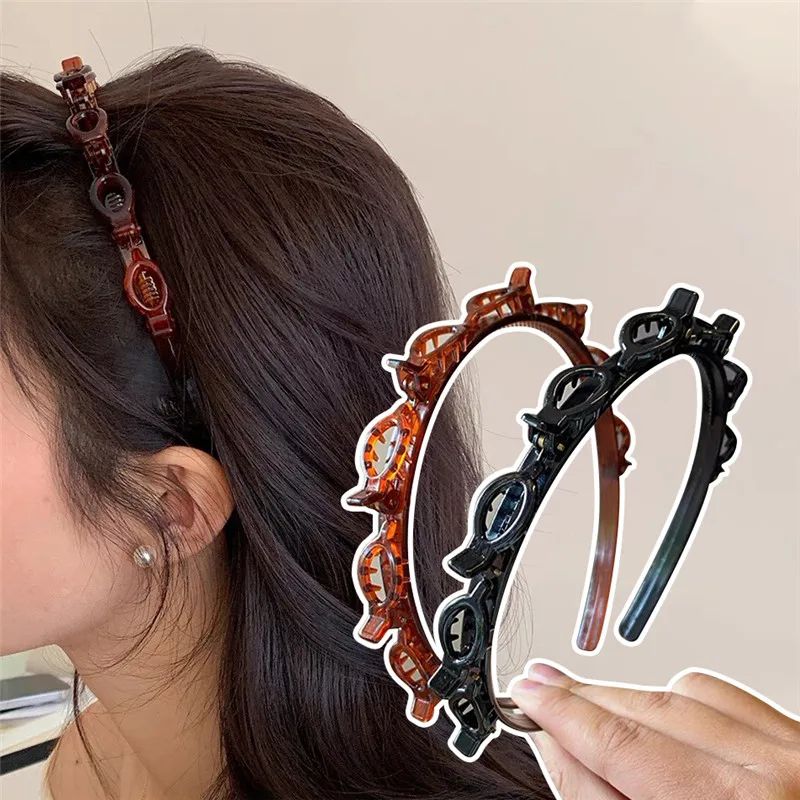 Fashion Women Girls Non-Slip Hair Bands With Clips Double Layer Headbands Hairstyle Bezel Hair Hoop Hair Accessories Headwear