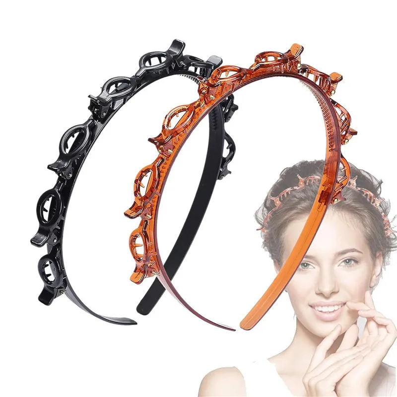 Fashion Women Girls Non-Slip Hair Bands With Clips Double Layer Headbands Hairstyle Bezel Hair Hoop Hair Accessories Headwear