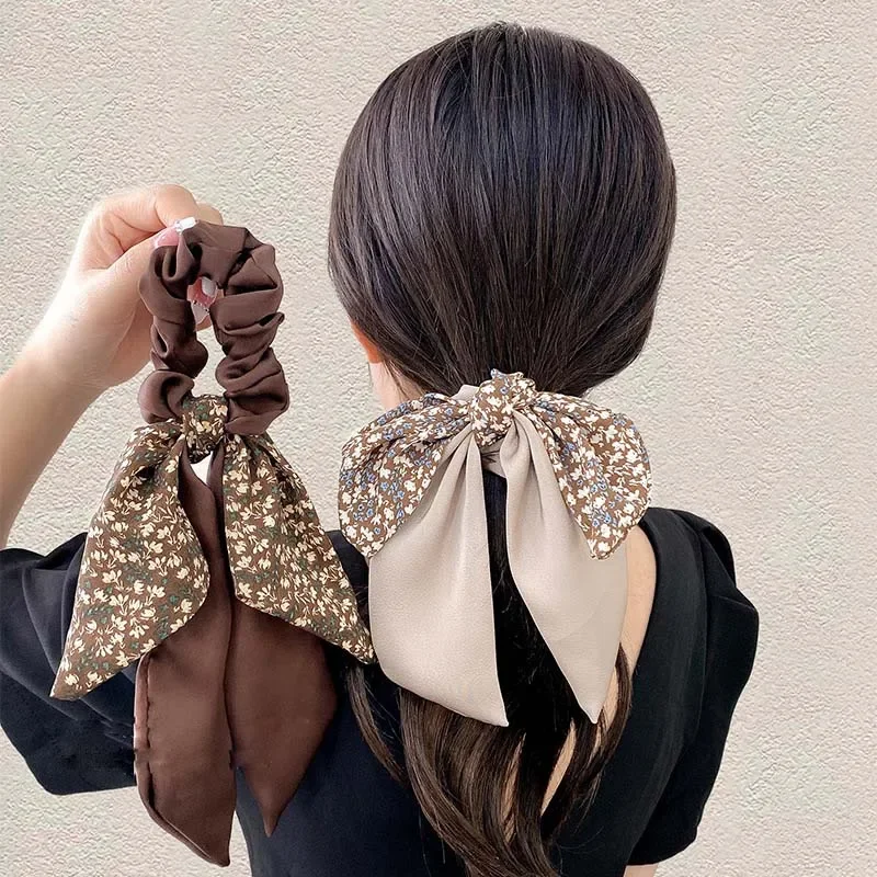 2024 New Korean Floral Bowknot Hair Ties for Women Girls Sweet Elastics Long Ribbon Ponytail Scarf Hair Tie Hair Accessories