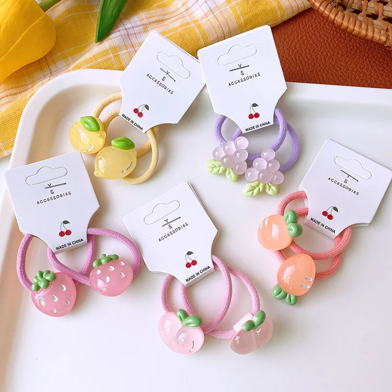 2PCS Kawaii Sweet Hair Ties Cute Cartoon Semi Transparent Fruit Strawberry Carrot Grape Lemon Elastic Rubber Band for Girls KIDS