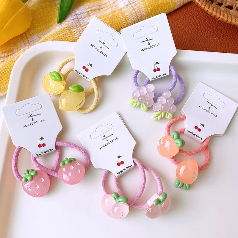 2PCS Kawaii Sweet Hair Ties Cute Cartoon Semi Transparent Fruit Strawberry Carrot Grape Lemon Elastic Rubber Band for Girls KIDS