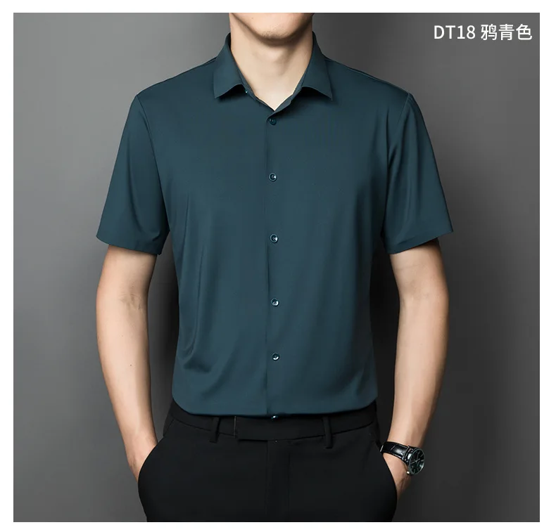 Men's Short sleeve summertime shirt High elastic and traceless cotta new long-sleeved  slim spandex non-ironing business leisure