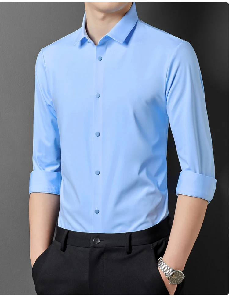 Men's Short sleeve summertime shirt High elastic and traceless cotta new long-sleeved  slim spandex non-ironing business leisure