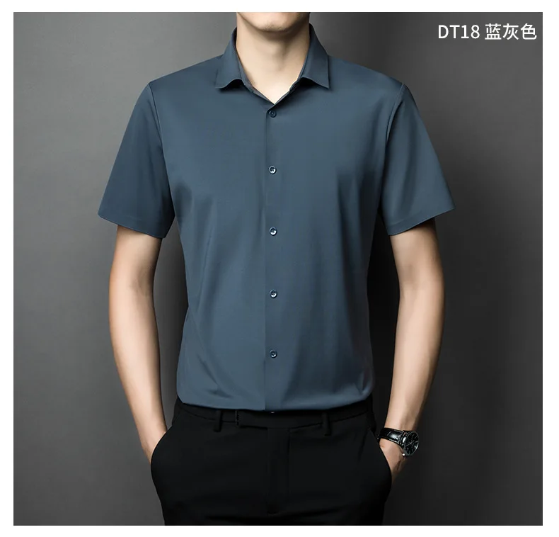 Men's Short sleeve summertime shirt High elastic and traceless cotta new long-sleeved  slim spandex non-ironing business leisure