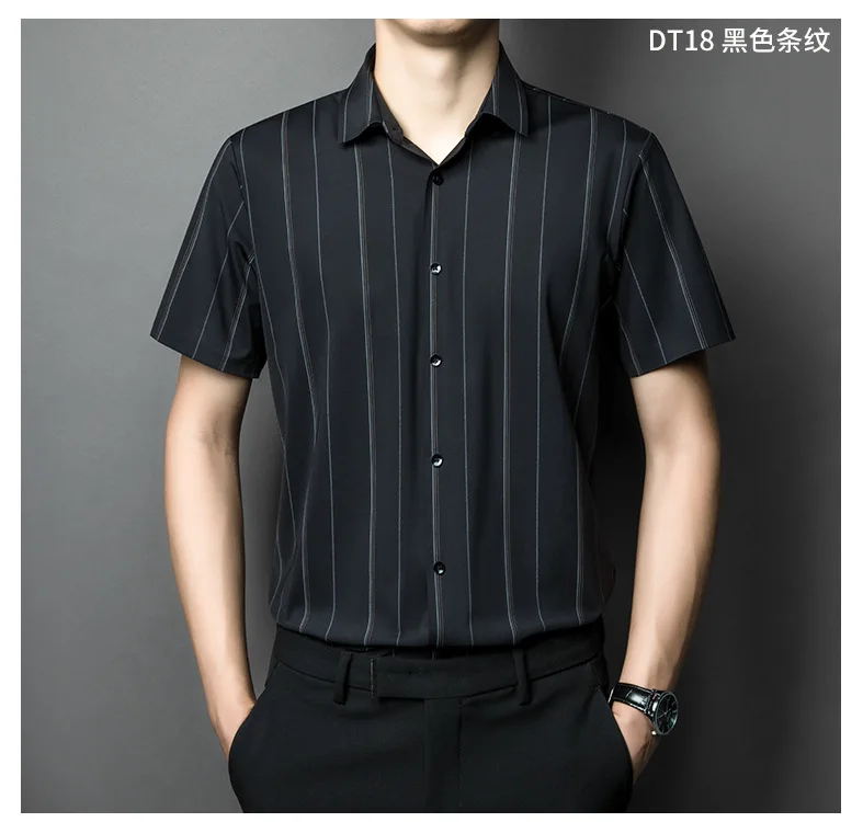 Men's Short sleeve summertime shirt High elastic and traceless cotta new long-sleeved  slim spandex non-ironing business leisure