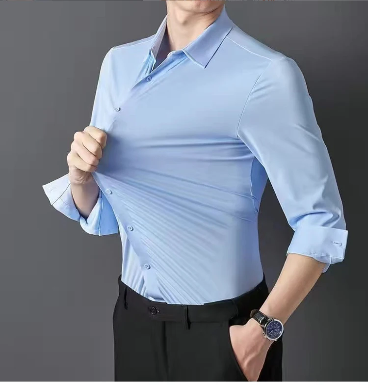 Men's Short sleeve summertime shirt High elastic and traceless cotta new long-sleeved  slim spandex non-ironing business leisure