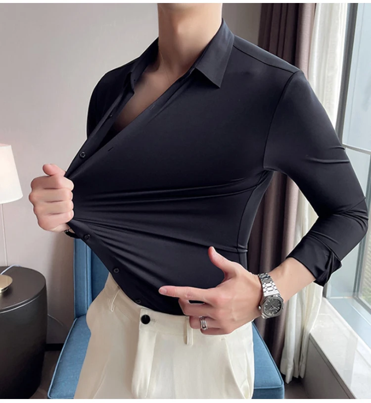 Men's Short sleeve summertime shirt High elastic and traceless cotta new long-sleeved  slim spandex non-ironing business leisure