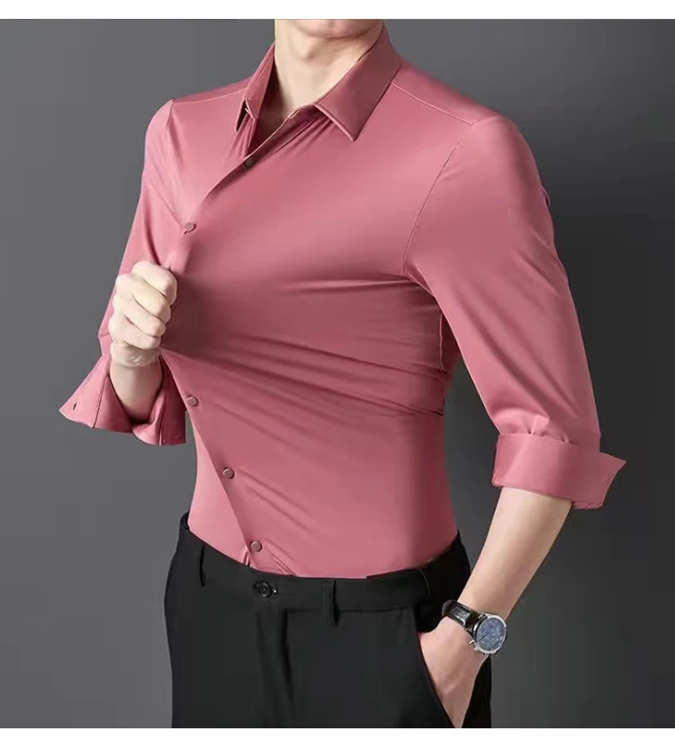 Men's Short sleeve summertime shirt High elastic and traceless cotta new long-sleeved  slim spandex non-ironing business leisure