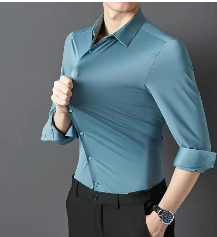 Men's Short sleeve summertime shirt High elastic and traceless cotta new long-sleeved  slim spandex non-ironing business leisure