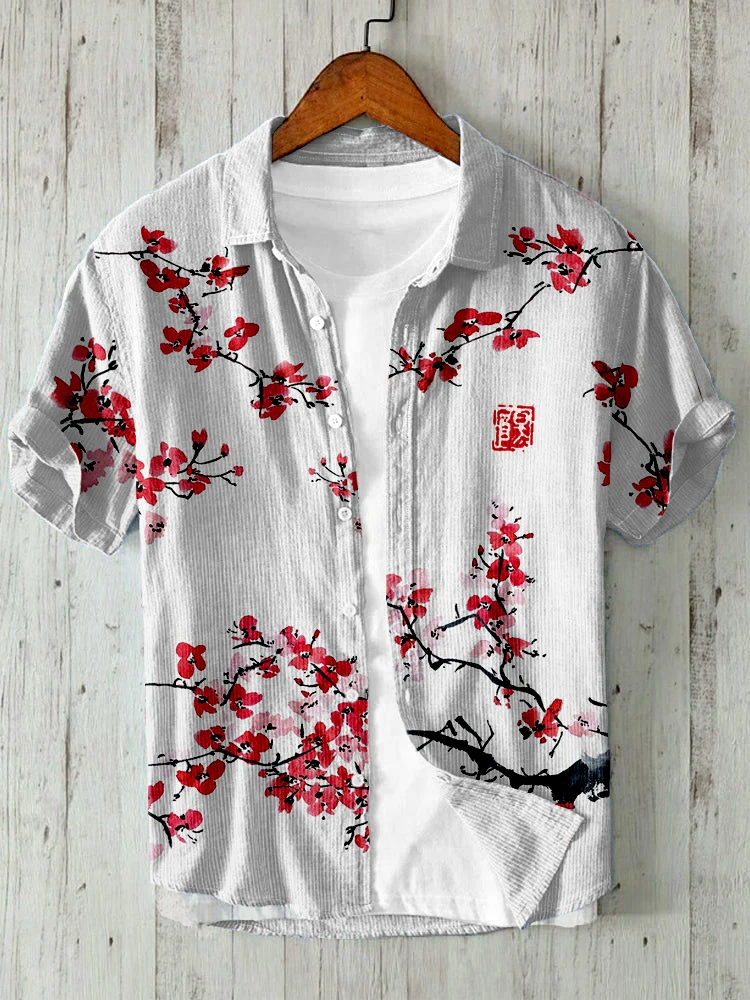 New men's short sleeved Lapel shirt, Hawaiian beach linen single breasted casual vacation top