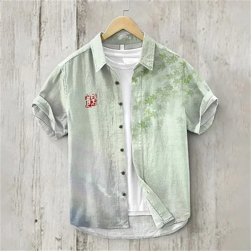 New men's short sleeved Lapel shirt, Hawaiian beach linen single breasted casual vacation top