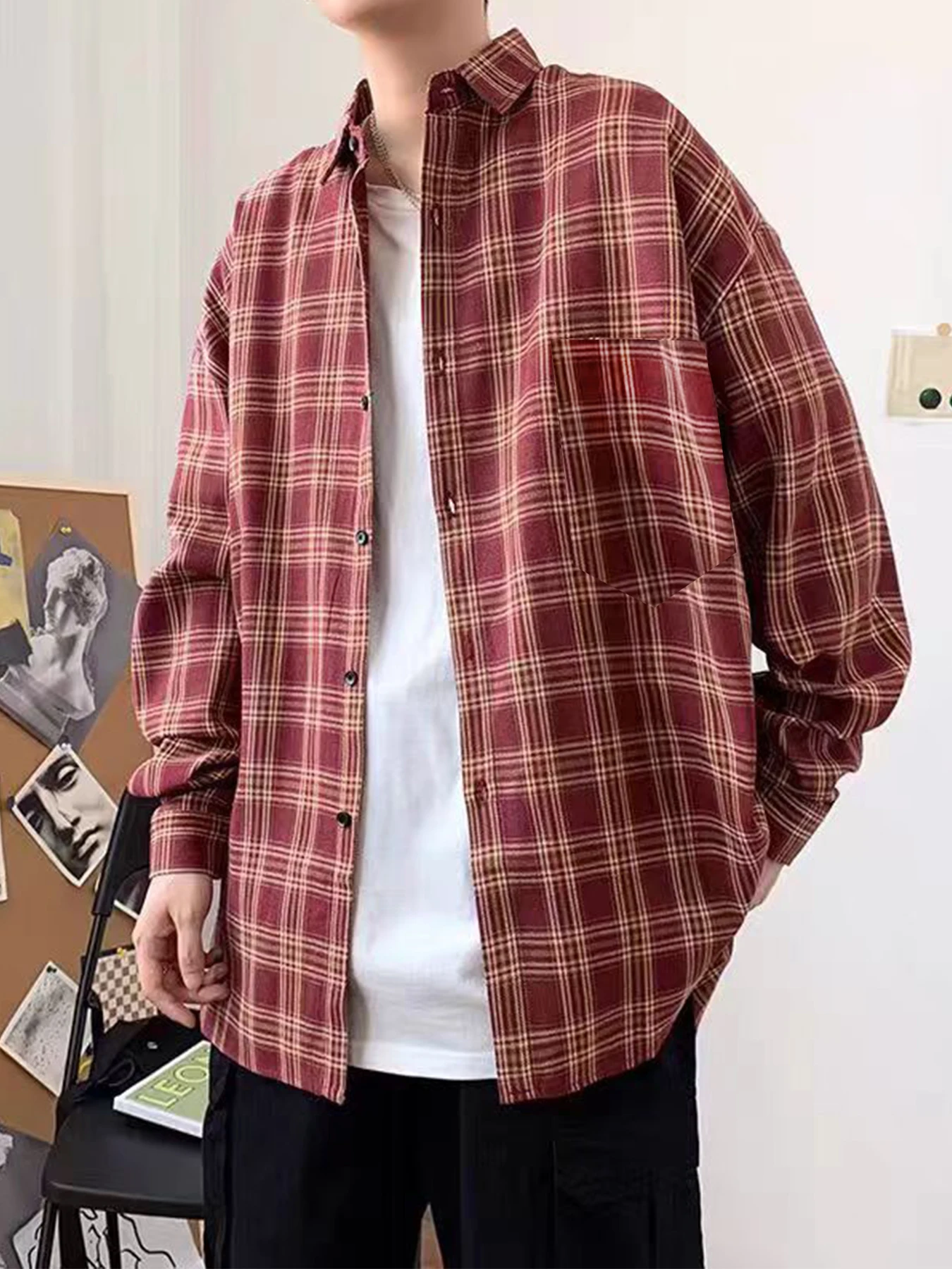 Spring Autumn 2025 Men's check shirt, Retro sensitivity in the style of a marginalized artist, casual Lappel Long-slegged Design Shirt