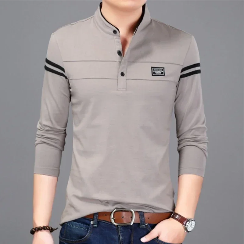 Casual Men T Shirt Button Neck Collar Long Full Sleeve Tshirt Male Business Fashion Classic Cotton Slim Fit Elegant T-Shirt Tops