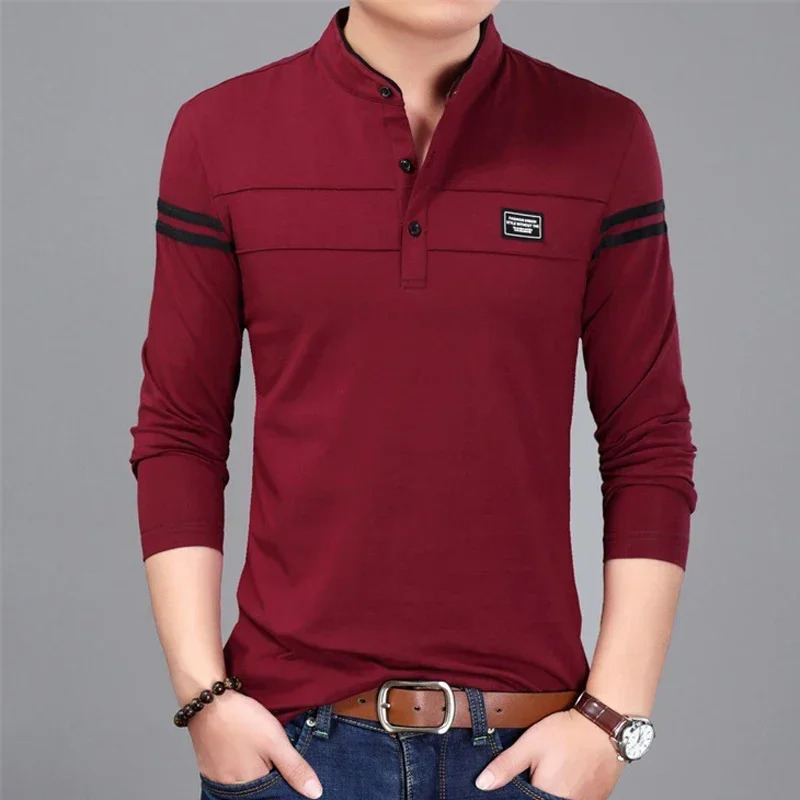 Casual Men T Shirt Button Neck Collar Long Full Sleeve Tshirt Male Business Fashion Classic Cotton Slim Fit Elegant T-Shirt Tops