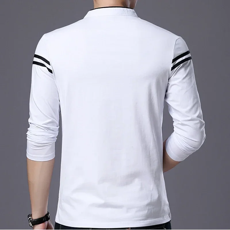 Casual Men T Shirt Button Neck Collar Long Full Sleeve Tshirt Male Business Fashion Classic Cotton Slim Fit Elegant T-Shirt Tops