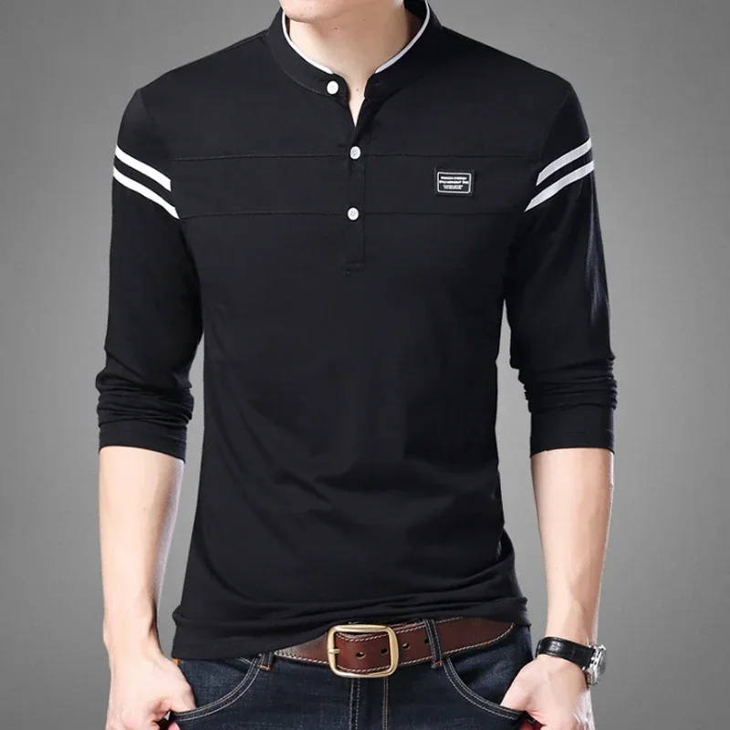 Casual Men T Shirt Button Neck Collar Long Full Sleeve Tshirt Male Business Fashion Classic Cotton Slim Fit Elegant T-Shirt Tops