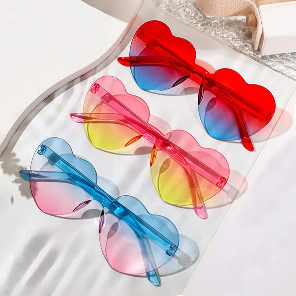 Love Heart Shape Sunglasses Women Party Girls Rimless Frame Lens Colorful Gradient Sun Glasses Female Red Pink Yellow Shades