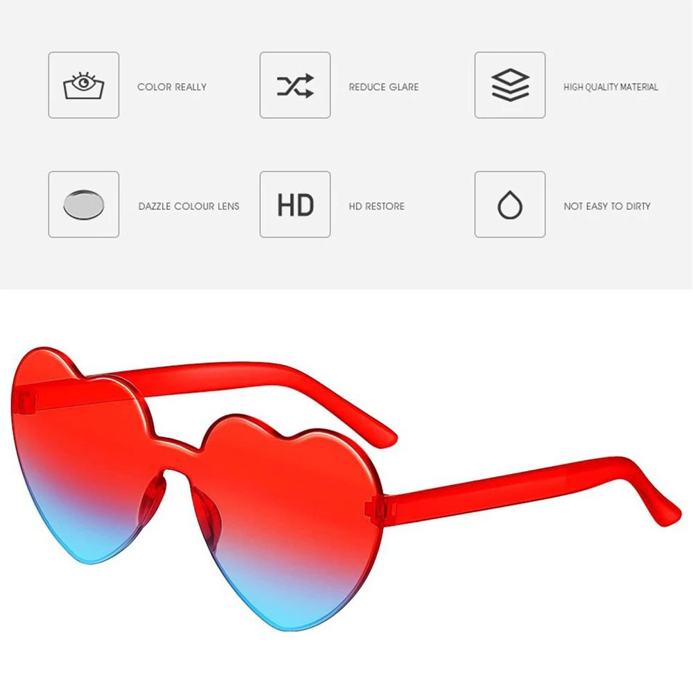 Love Heart Shape Sunglasses Women Party Girls Rimless Frame Lens Colorful Gradient Sun Glasses Female Red Pink Yellow Shades