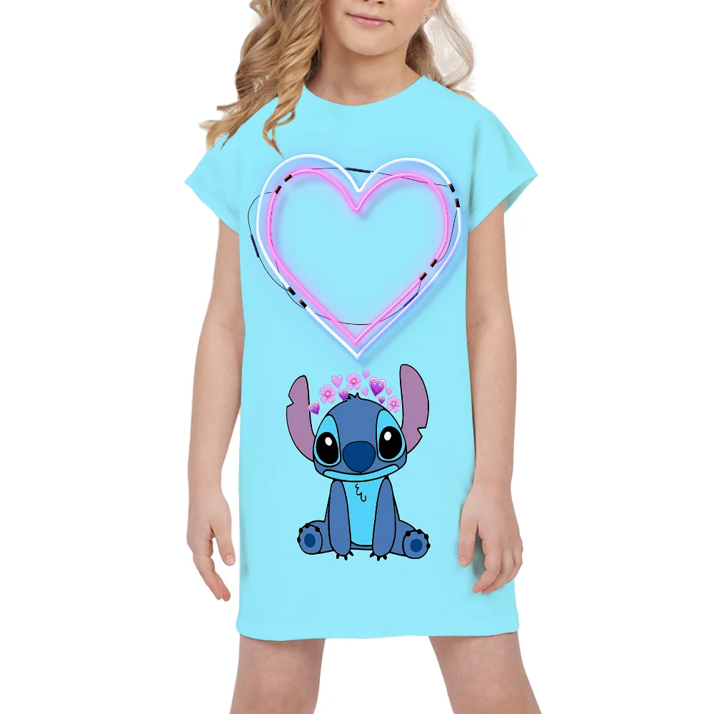 Hot sale Disney Stitch printed children's dress birthday party girls princess dresses summer casual soft kids cute clothing top