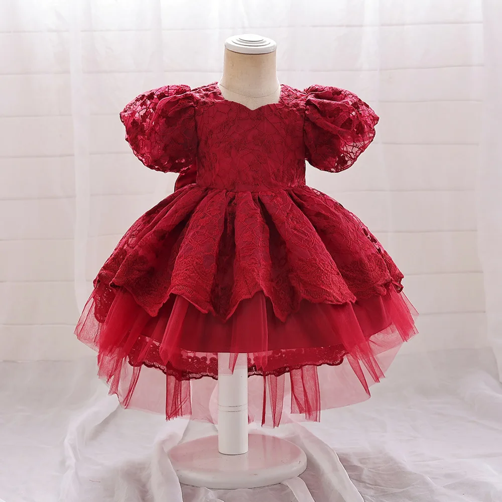 Girls Party Dress 4 Colors 4Y-7Y Princess Dress Puff Sleeve Christmas Trailing Skirt Gauze Ball Gown Wedding Birthday