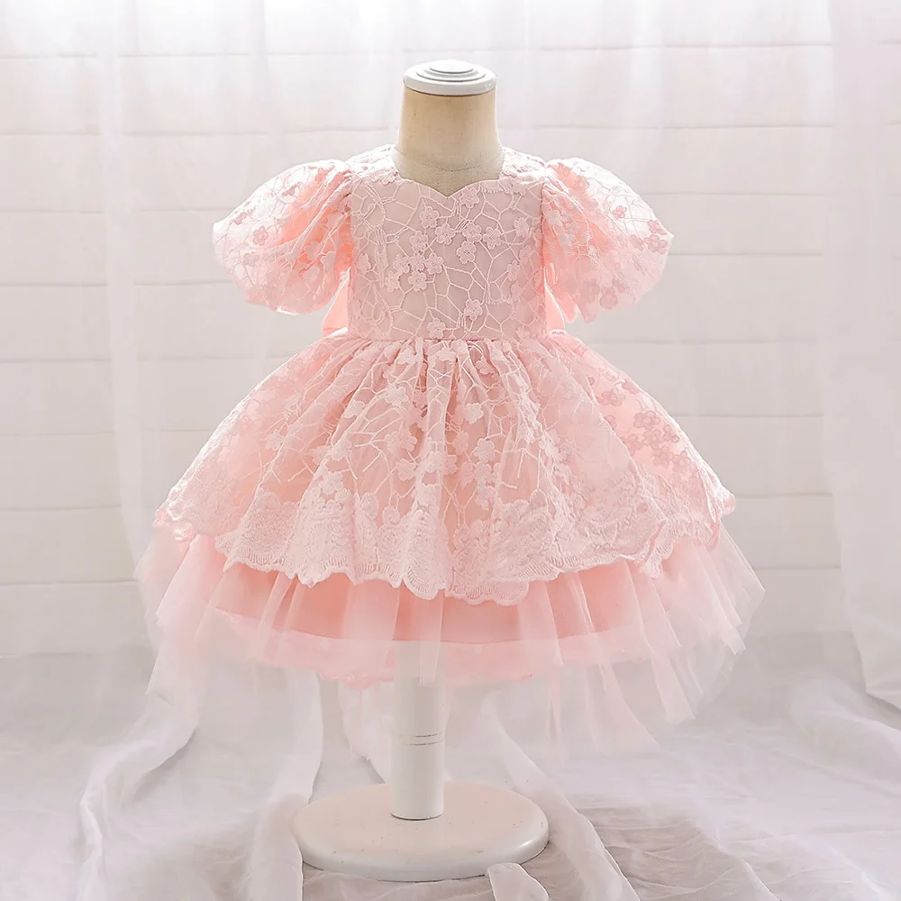 Girls Party Dress 4 Colors 4Y-7Y Princess Dress Puff Sleeve Christmas Trailing Skirt Gauze Ball Gown Wedding Birthday