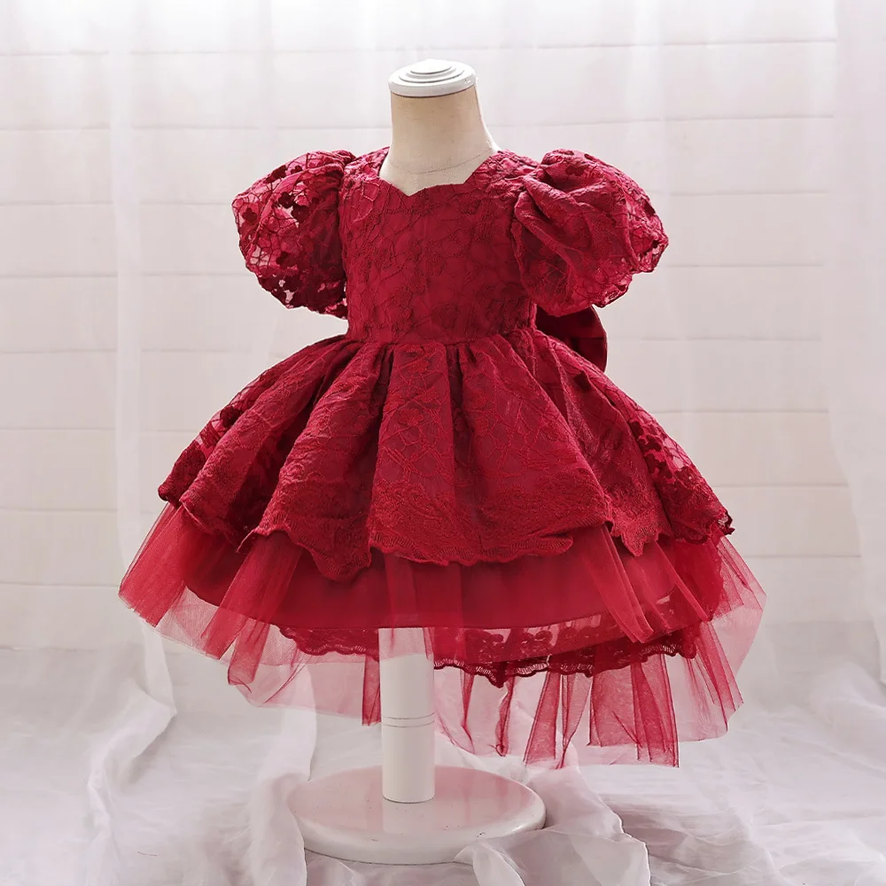 Girls Party Dress 4 Colors 4Y-7Y Princess Dress Puff Sleeve Christmas Trailing Skirt Gauze Ball Gown Wedding Birthday