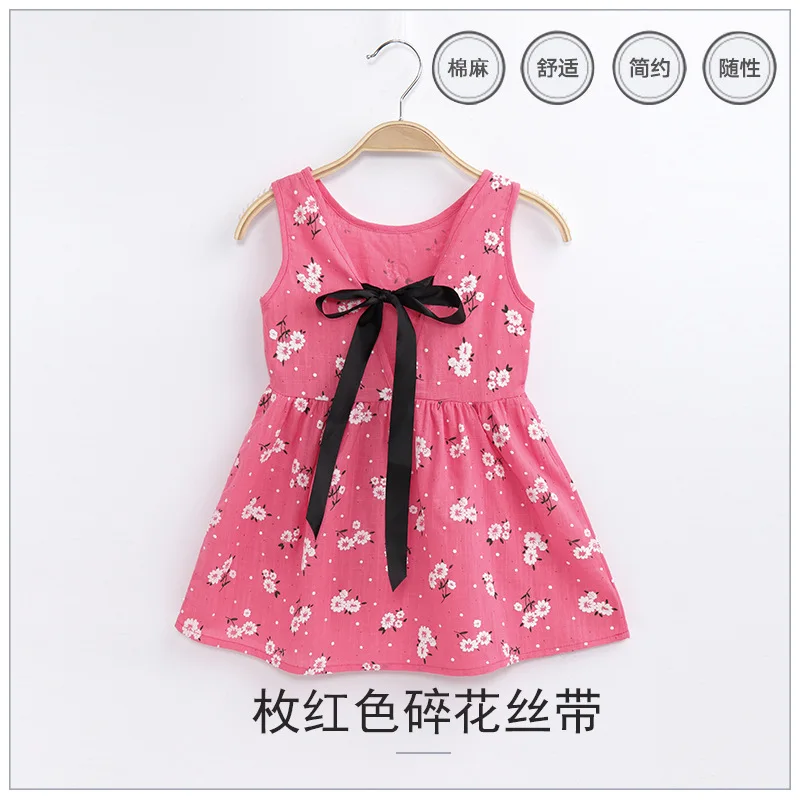 2023 Summer Girls Print Binding Rope Dress For 1-6Years Kids Cotton Sleeveless Sundress Baby Beach Above Knee Mini Casual Dress