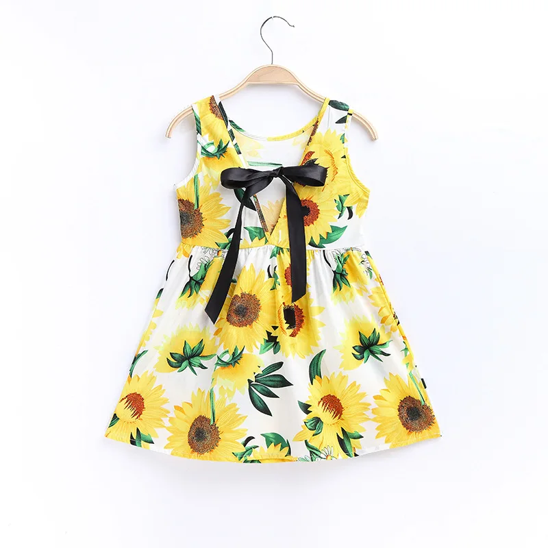 2023 Summer Girls Print Binding Rope Dress For 1-6Years Kids Cotton Sleeveless Sundress Baby Beach Above Knee Mini Casual Dress