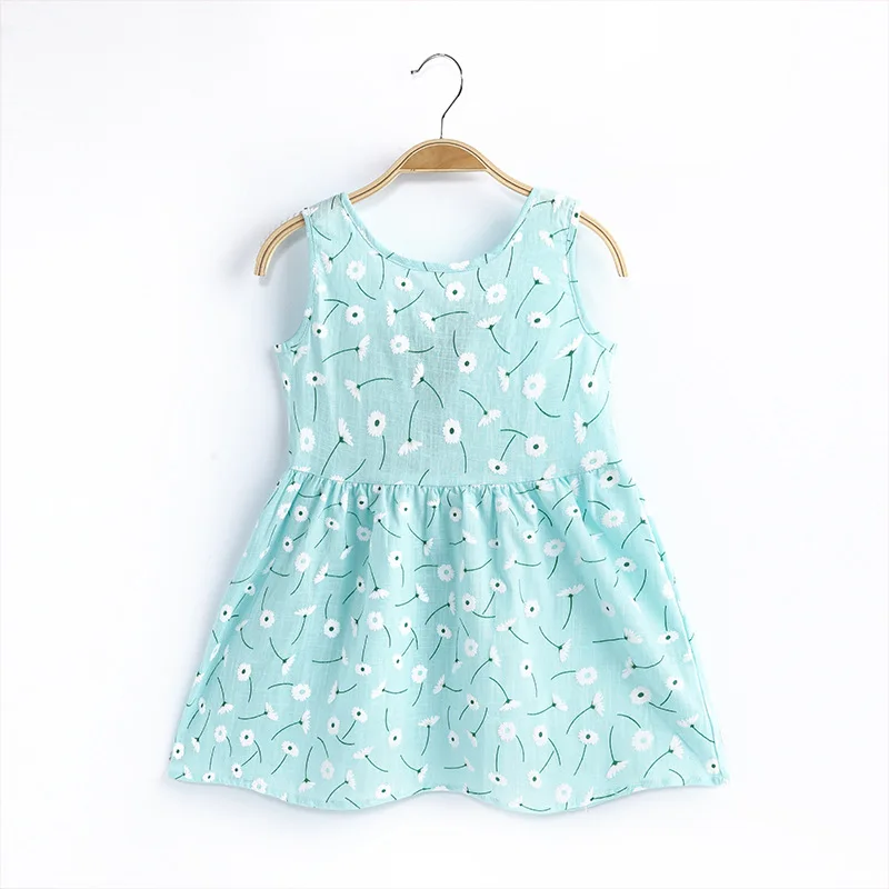 2023 Summer Girls Print Binding Rope Dress For 1-6Years Kids Cotton Sleeveless Sundress Baby Beach Above Knee Mini Casual Dress