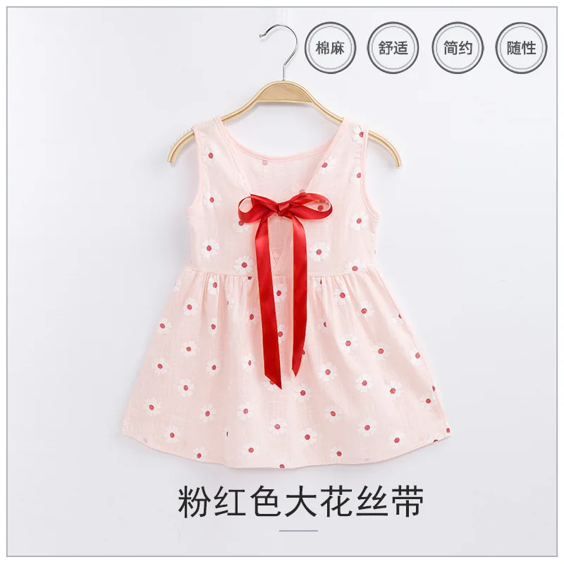 2023 Summer Girls Print Binding Rope Dress For 1-6Years Kids Cotton Sleeveless Sundress Baby Beach Above Knee Mini Casual Dress