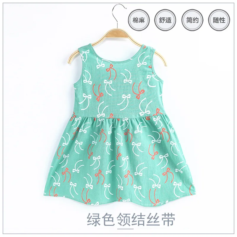 2023 Summer Girls Print Binding Rope Dress For 1-6Years Kids Cotton Sleeveless Sundress Baby Beach Above Knee Mini Casual Dress