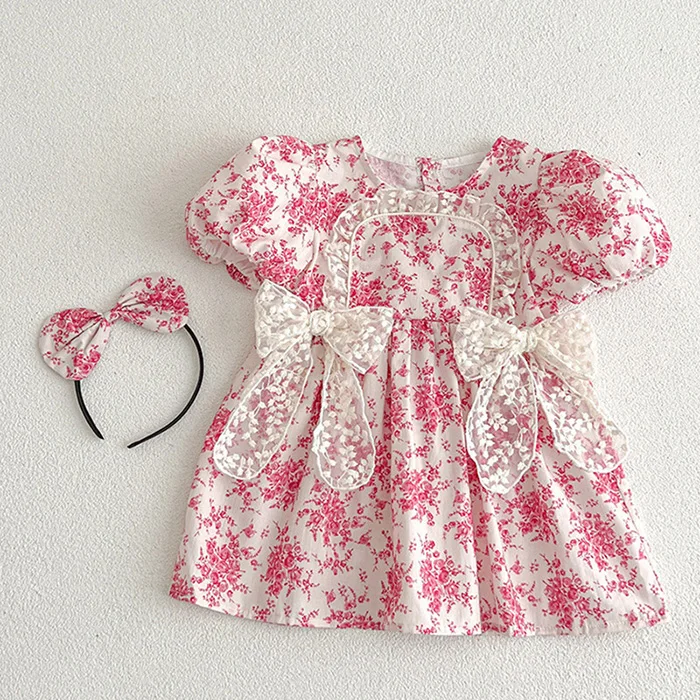 2025 New Summer Baby Girl Clothing Kids Princess Dresses Baby Romper Short Sleeved Cotton Flower Print Baby Girl Party Dress