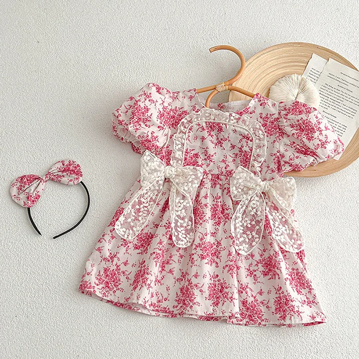 2025 New Summer Baby Girl Clothing Kids Princess Dresses Baby Romper Short Sleeved Cotton Flower Print Baby Girl Party Dress