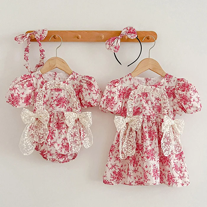 2025 New Summer Baby Girl Clothing Kids Princess Dresses Baby Romper Short Sleeved Cotton Flower Print Baby Girl Party Dress