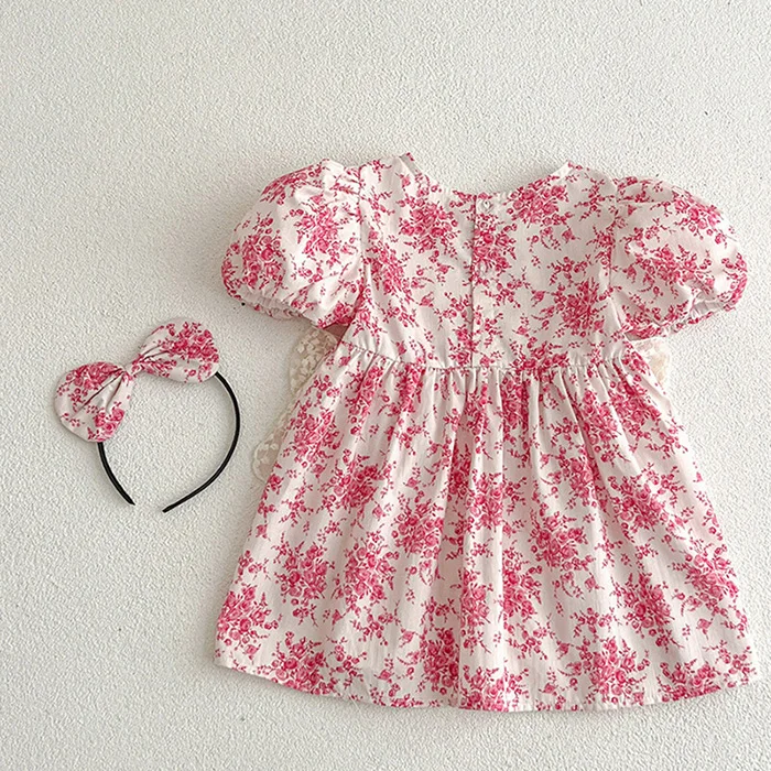 2025 New Summer Baby Girl Clothing Kids Princess Dresses Baby Romper Short Sleeved Cotton Flower Print Baby Girl Party Dress