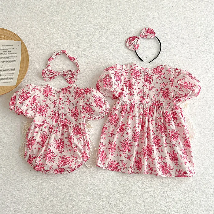 2025 New Summer Baby Girl Clothing Kids Princess Dresses Baby Romper Short Sleeved Cotton Flower Print Baby Girl Party Dress