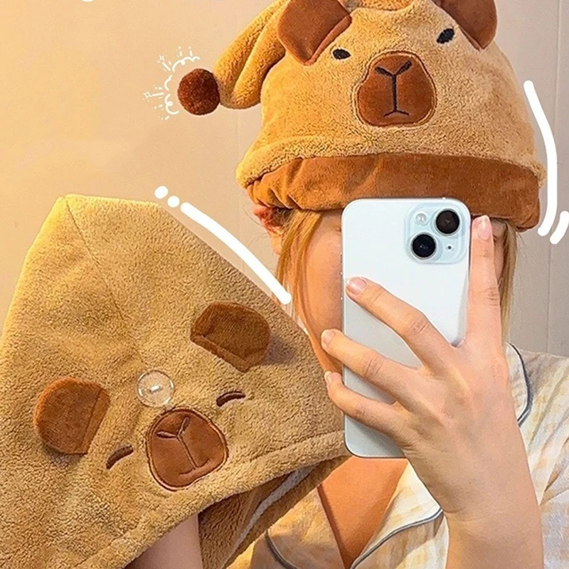 Cartoon Capybara Dry Hair Cap Super Absorbent Quick Drying Coral Velvet Bathing Cap Cute Capybara Washcloth Bathroom Supplies