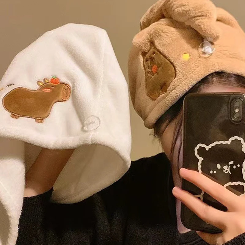 Cartoon Capybara Dry Hair Cap Super Absorbent Quick Drying Coral Velvet Bathing Cap Cute Capybara Washcloth Bathroom Supplies