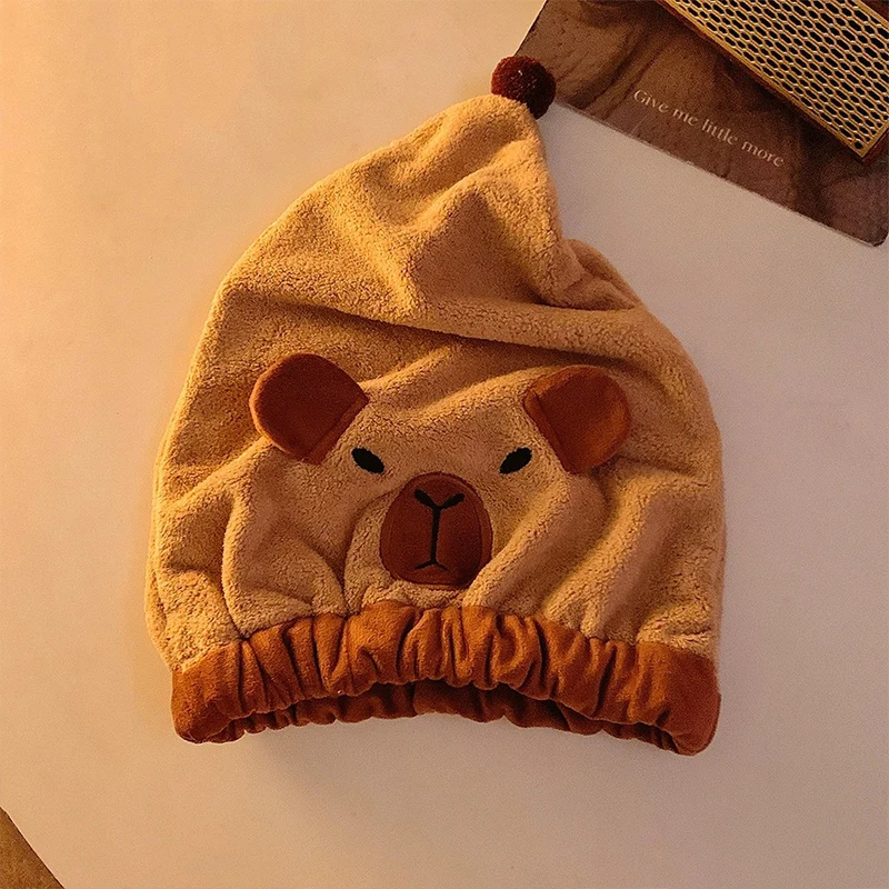 Cartoon Capybara Dry Hair Cap Super Absorbent Quick Drying Coral Velvet Bathing Cap Cute Capybara Washcloth Bathroom Supplies