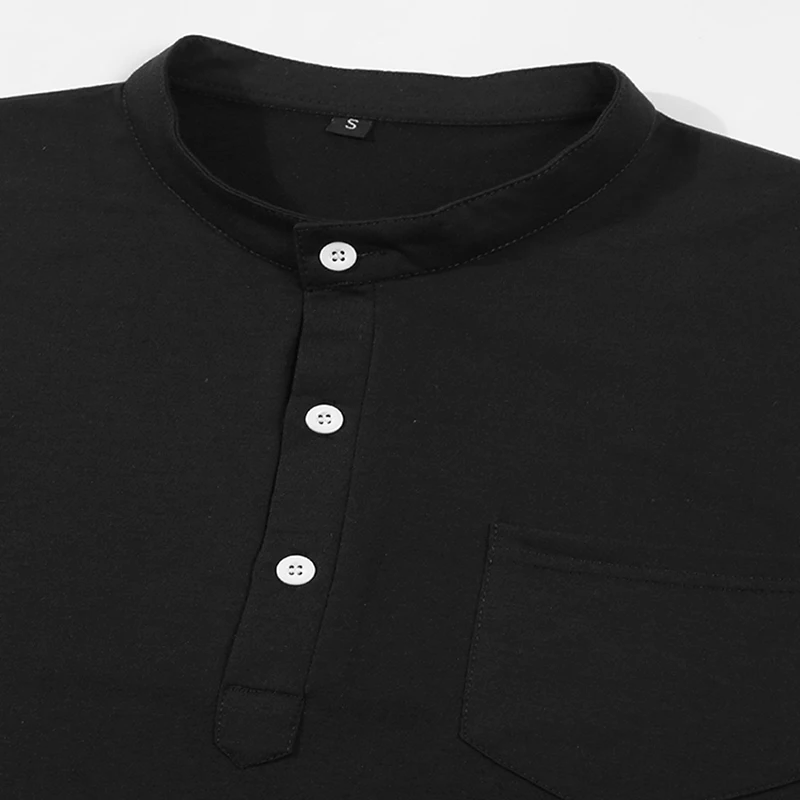 Men's Stand Collar Short Sleeve Henley Shirt Polyester Twill Lightweight Breathable Casual Tops with Chest Pocket plus size