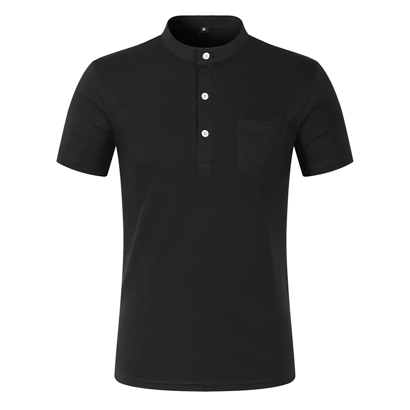 Men's Stand Collar Short Sleeve Henley Shirt Polyester Twill Lightweight Breathable Casual Tops with Chest Pocket plus size