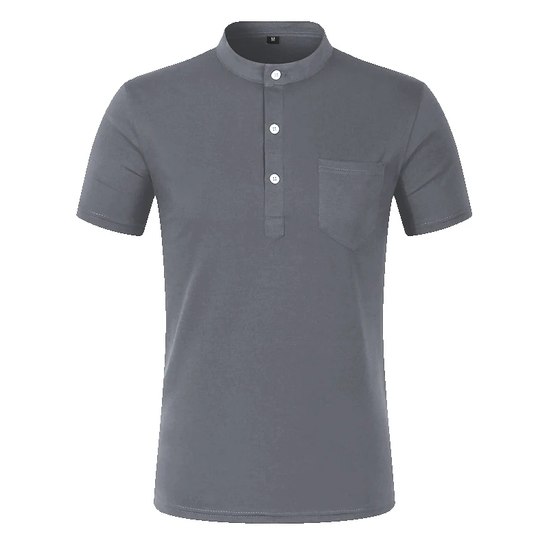Men's Stand Collar Short Sleeve Henley Shirt Polyester Twill Lightweight Breathable Casual Tops with Chest Pocket plus size