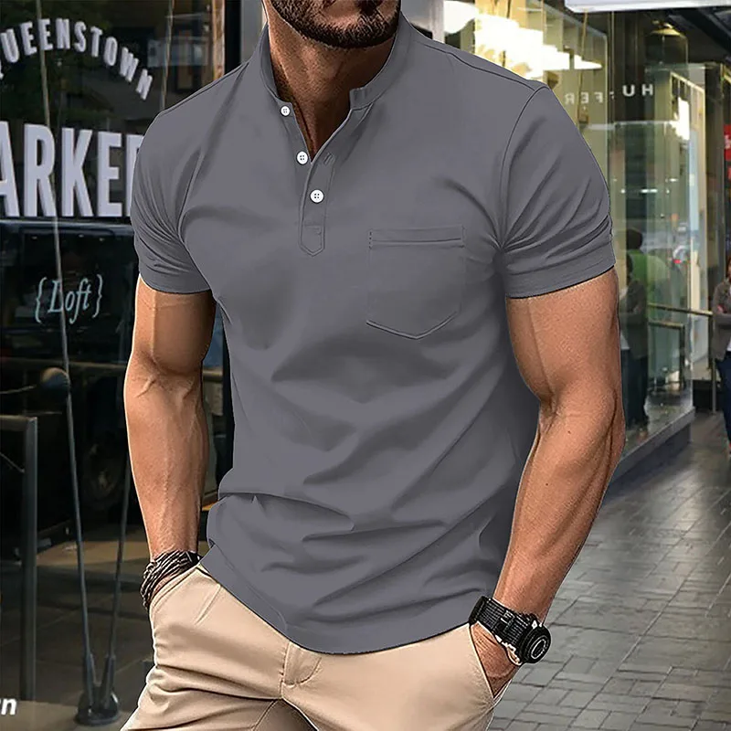 Men's Stand Collar Short Sleeve Henley Shirt Polyester Twill Lightweight Breathable Casual Tops with Chest Pocket plus size